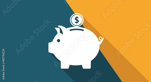 White flat icon of a piggy bank with a dollar coin symbolizing savings investment and financial planning with a long shadow.