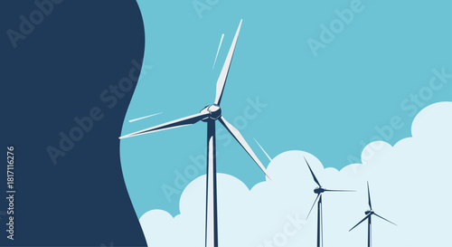 Wind turbines generating clean renewable energy on a wind farm under a partly cloudy sky as a sustainable power source illustration.