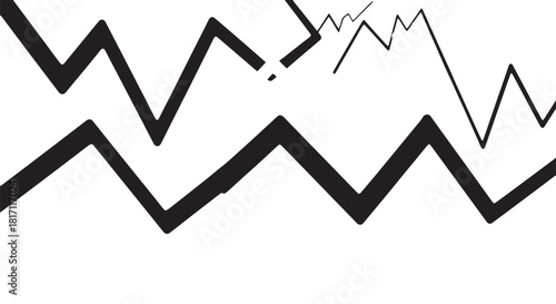 Abstract black and white mountain landscape with zigzag peaks and horizon line.