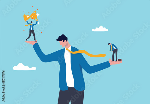 Social comparison anxiety, compare yourself to others, discourage of failure, loser or self motivation problem concept, sad depressed man stand on his hand compare himself with winning colleague.