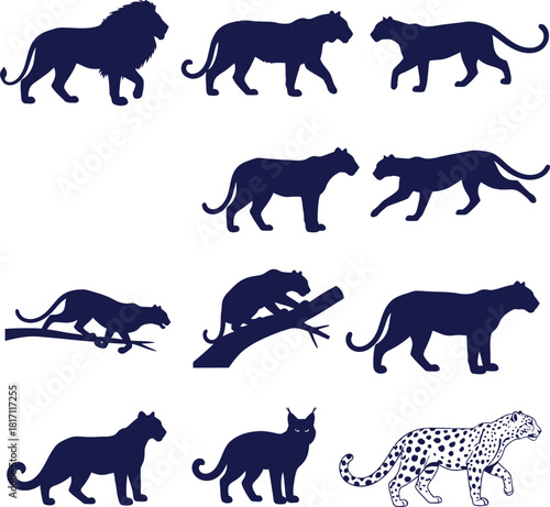Group of Feline Silhouettes Including Lions and Leopards on White Background tiger panther