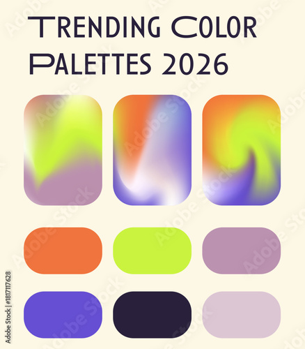 Modern vector illustration features rounded rectangles with soft gradients and vibrant colors like orange, lime, purple, and peach. The theme highlights trending color palettes for 2026.