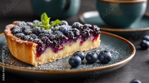 Delicious blueberry tart on a plate with fresh berries and dessert elements