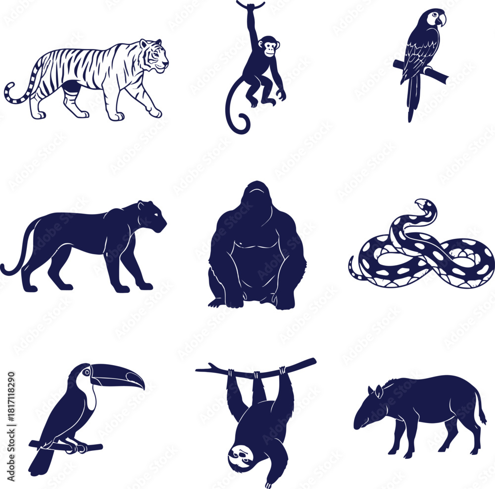 Fototapeta premium Tropical and Jungle Animal Silhouettes on White Background Keywords: tiger, monkey, parrot, panther, gorilla, snake, toucan, sloth