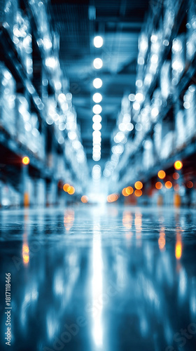 Blurred business background showing warehouse interior with soft bokeh lights creating an abstract modern industrial feel symbolizing professionalism focus productivity and corporate environment