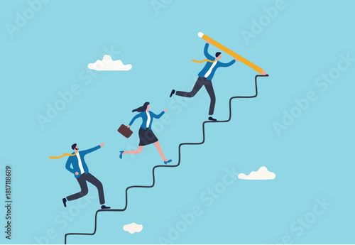 Leader to guide team to achieve success, manager to develop career path or improvement plan, growth or progress concept, businessman leader draw stair with pencil to