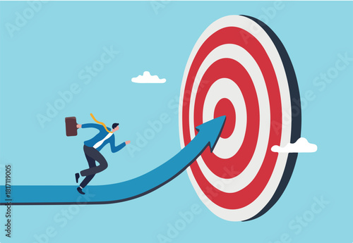 Progress to goal or reaching business target, motivation or challenge to achieve success, career growth or improvement concept, ambitious businessman running on growth arrow path to target bullseye.