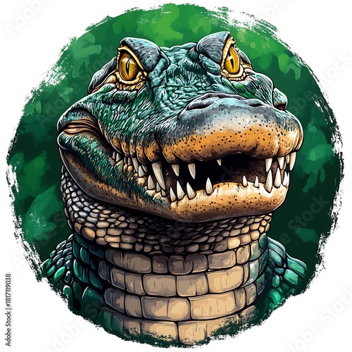 Fierce Alligator Head with Yellow Eyes and Green Foliage photo Background Keywords: alligator