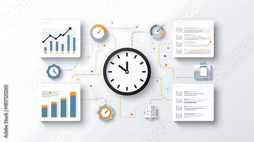 Modern business management tools illustration with clock, charts, and checklists for time management and productivity solutions in corporate strategy