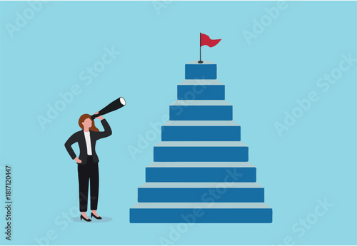 Growth step to success, visionary to see business opportunity or career path, journey to reach goal or achievement concept, smart businesswoman looking through telescope for target on top of stairway.
