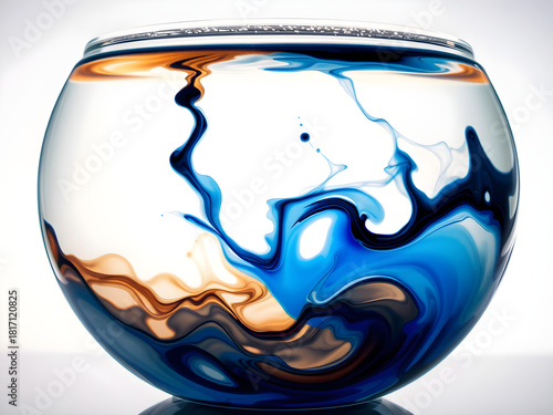A glass bowl with blue and brown swirls