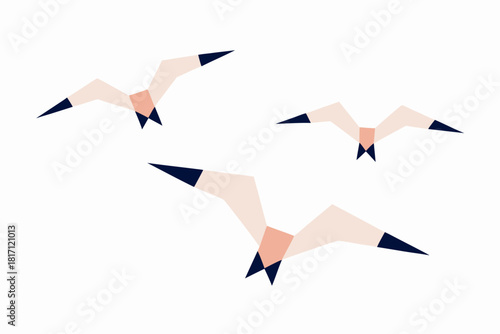 Abstract Geometric Seagull Trio Flying Gracefully Over Sea