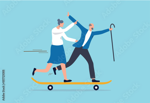Happy retirement, active senior enjoy life after retire or health care and insurance for elderly aging society concept, happy elderly couple grandpa and grandmother enjoy life running on skateboard.