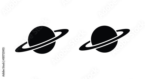 Two black silhouettes of planets with rings simple graphic design