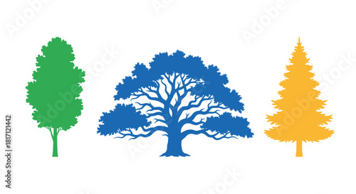 Colorful depiction of three uniquely shaped trees in a simple style