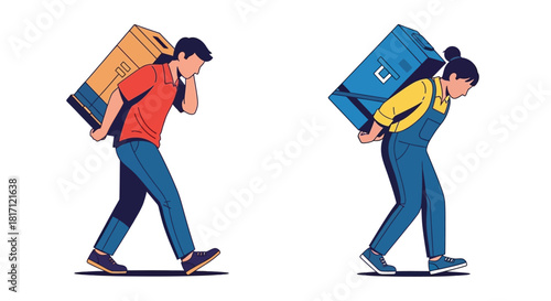 A young couple struggles while carrying heavy cardboard boxes on their backs