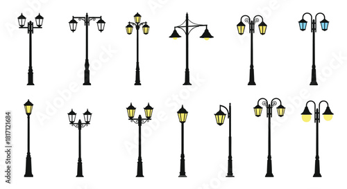 A collection of various vintage street lamps in black and gold hues