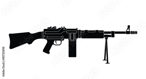 A silhouetted depiction of a military style machine gun weapon