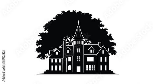 A dark silhouette of a gothic house with a large tree behind it