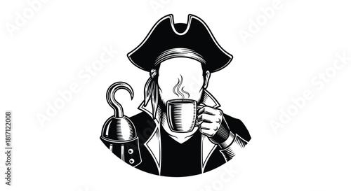A vintage pirate illustration enjoys a hot beverage in a classic style