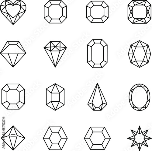 Gemstone cut icon set, jewel shapes and facet styles, black line style, isolated vector gem design elements