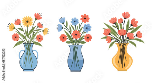 Colorful bouquets of flowers in decorative vases a charming still life