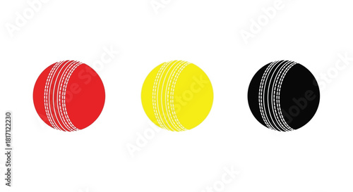 Three colorful cricket balls arranged in a row on a white background