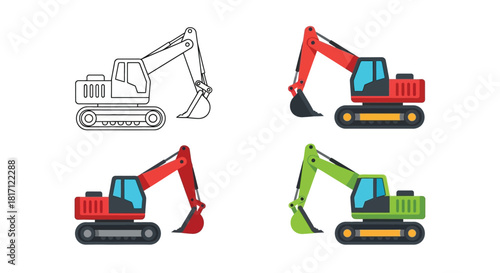 Colorful excavator illustrations in various styles including outline and filled designs