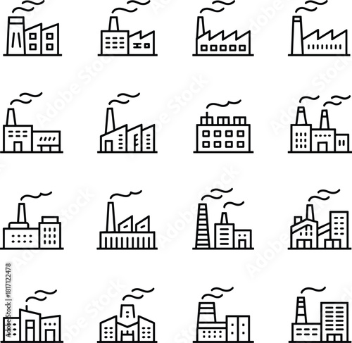 Industrial factory icon set, black silhouette, manufacturing buildings, smokestacks, production plants, urban industry, vector symbols, infrastructure, editable design, isolated elements