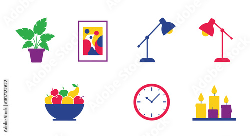 Colorful flat design icons of home decor and still life objects