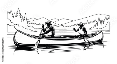 Two men canoeing on a calm lake with mountains in background