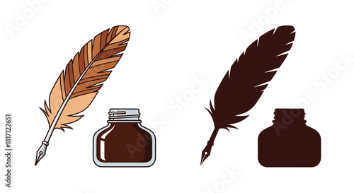 Vintage writing tools feather quills inkwell and their shadowy counterparts