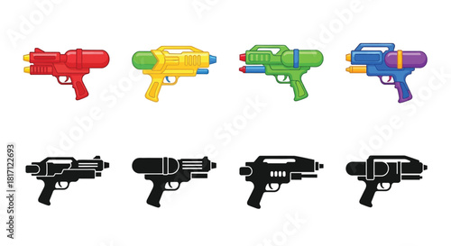 Colorful water guns and their black silhouette variations displayed in a row