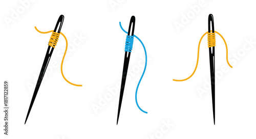 Three needles threaded with colorful yarn demonstrating sewing techniques