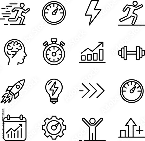 Performance and fitness icon set, productivity symbols, energy and focus, growth vector, black line style, isolated design elements