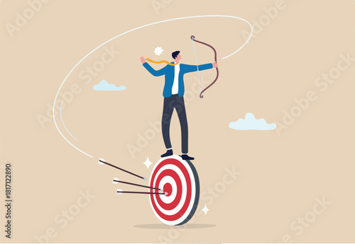 Easy achieve goal, business target, confident or skill to success, challenge for marketing strategy, aiming at goal, perfection or objective concept, businessman easy aim at target bullseye.