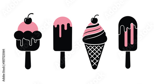 Stylized black and pink ice cream treats with cherry toppings
