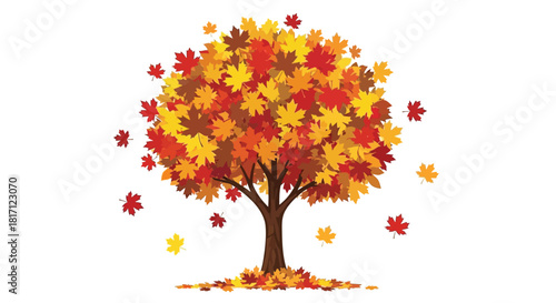 A vibrant autumn tree with colorful leaves and falling foliage