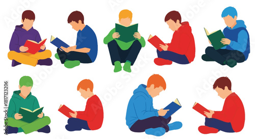 Diverse group of children engrossed in reading books flat vector illustration