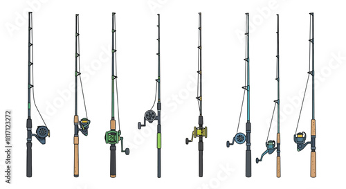 A collection of colorful fishing rods with reels displayed in a row