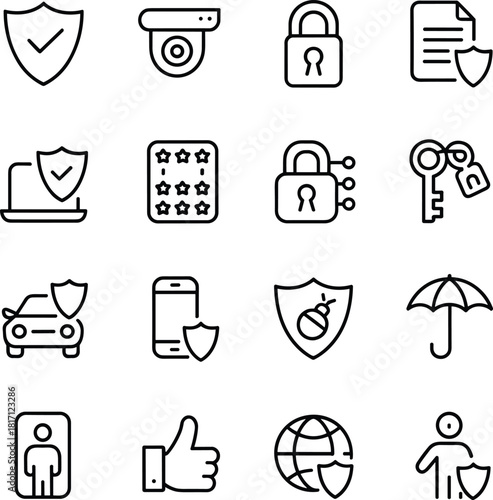 Security icon set, protection symbols, cybersecurity vector, shield, privacy, encryption, surveillance, digital safety, secure access, identity, mobile, finance