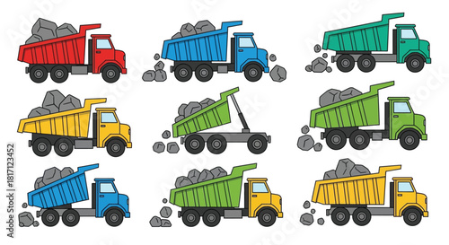 Colorful collection of cartoon dump trucks carrying loads of rocks and stones