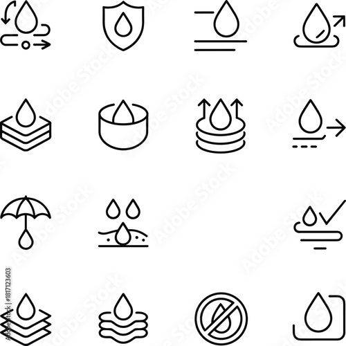 Water protection icons, waterproof vector, droplet symbols, filtration, absorption, resistance, surface tension, umbrella, shield, layer, repel