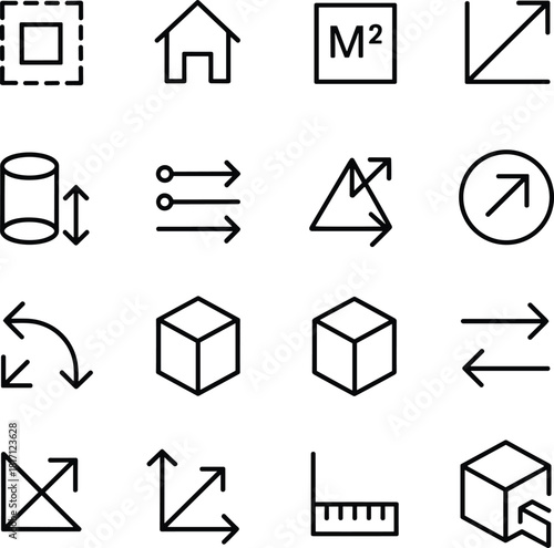 3D modeling icons, CAD tools, design interface, extrude, rotate, scale, measure, terrain, cube, undo, view, flip, mirror, zoom, ruler, selection, home, area, move, align, perspective