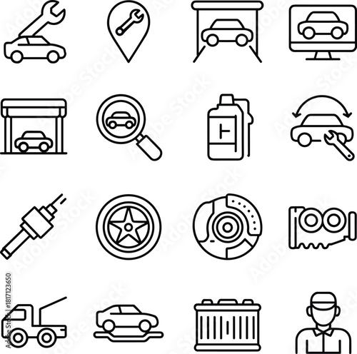 Automotive service icons, car repair vector, diagnostics, maintenance, mechanic, garage, engine, battery, brake, oil, towing, inspection