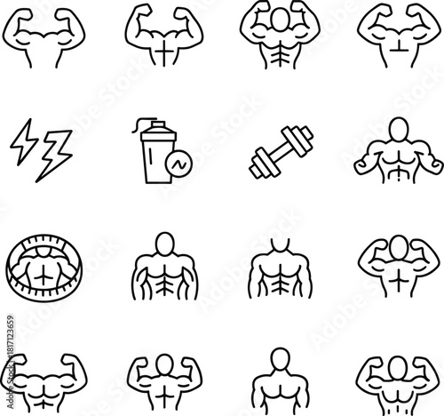 Bodybuilding icons, fitness symbols, muscular torso, flexing arms, gym logo, strength training, protein, dumbbell, energy, workout, power