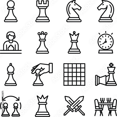 Chess icon set, game pieces and strategy symbols, competition and tactics, black line style, isolated vector design elements