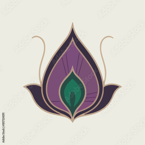 Elegant peacock feather design with purple, green, and gold accents on a light beige background, ornate and decorative