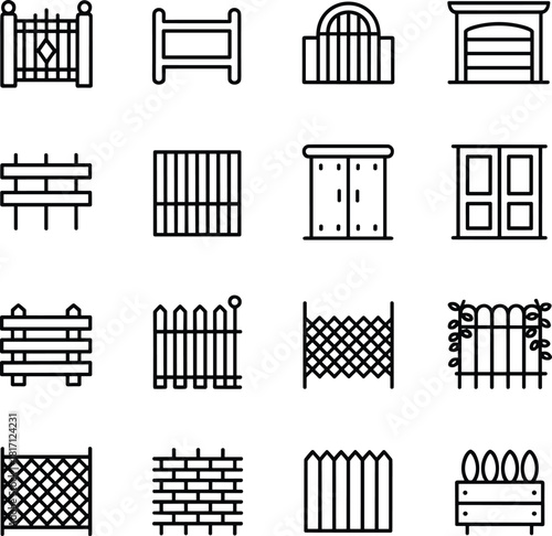 Fence and gate icon set, black line style, architectural barriers, garden dividers, urban boundary design, vector symbols, isolated elements