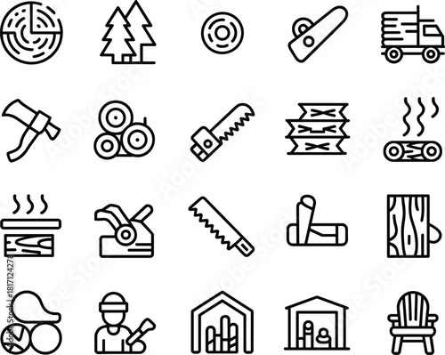 Forestry and woodworking icons, lumber tools, carpentry vector, sawmill, timber, wood processing, equipment, veneer, warehouse, furniture